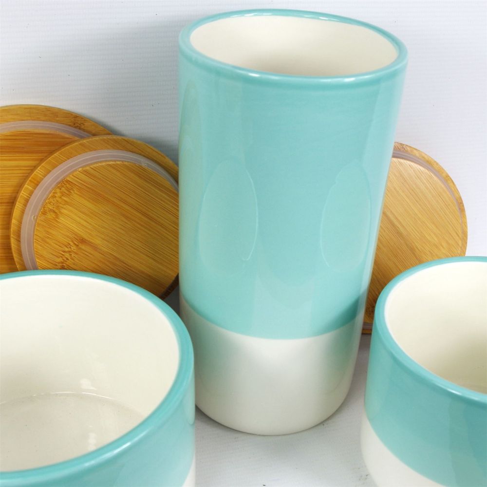 Set of Three Canisters Aqua Green Ceramic Storage Jars with Lids