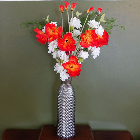 100cm Poppy and White Blossom Arrangement Glass Vase